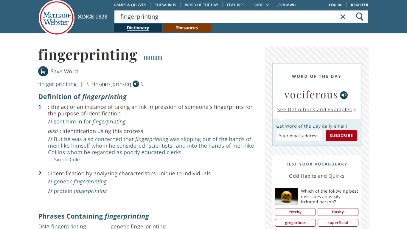 Fingerprinting Definition & Meaning - Merriam-Webster